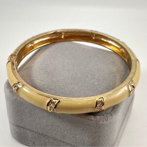Vintage Enamel Bracelet Gold-plated hinged cuff bangle beige white rhinestone